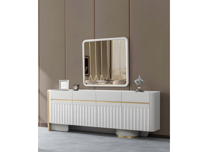 Weißes Schickes Sideboard Designer Spiegel Wohnzimmer Holz Anrichte