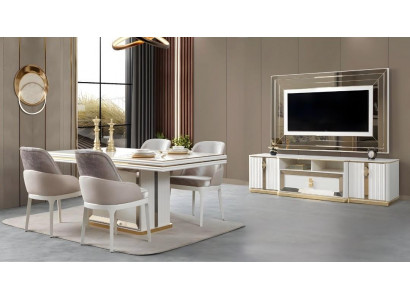 Weiße Esszimmer Garnitur Polsterstühle Designer Esstisch TV-Ständer