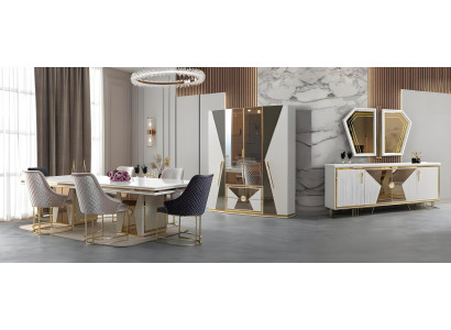 Modernes Esszimmer Set Stilvoller Esstisch 4x Textilstühle Sideboard