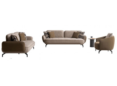 Beige Textilgarnitur Designer 2x 3-Sitzer Textilsessel Beistelltisch