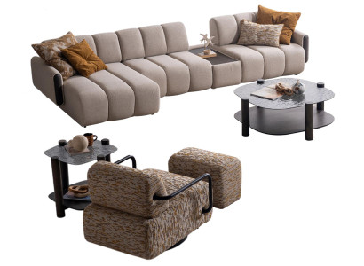Designer Wohnzimmer Sofas Beiger Hocker Kaffeetisch Holztisch 5tlg