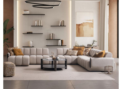 Beige Wohnzimmer Polstercouch Edle Wohnlandschaft Holz Couchtisch