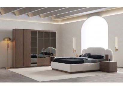 Edle Schlafzimmer Garnitur Weißes Bett Brauner Schrank Nachttische