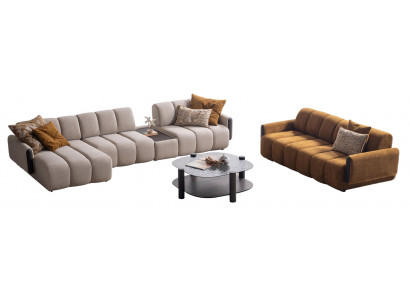 Stilvolle Wohnzimmer Garnitur Edles Ecksofa Holz Couchtisch 3-er
