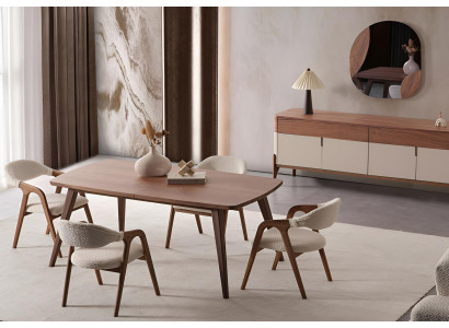 Exklusive Esszimmer-Set Brauner Esstisch 4x Stühle Sideboard Spiegel