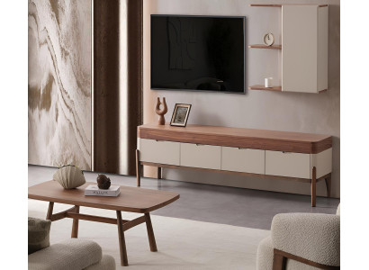 Designer Beige Wohnzimmergarnitur TV-Lowboard Holz Couchtisch 2tlg