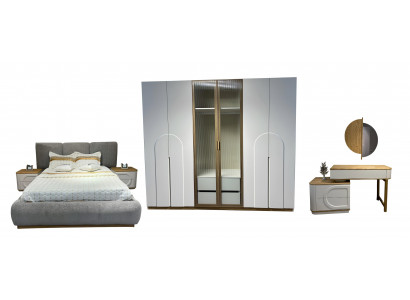 Grauer Exklusiver Schlafzimmer-Set Bett Schminktische 2x Nachttische