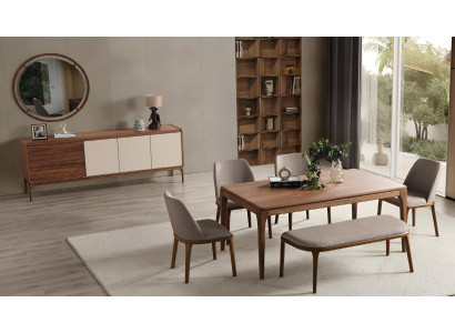 Elegantes Esszimmer-Set Holz Esstisch 4x Stühle Braunes Sideboard
