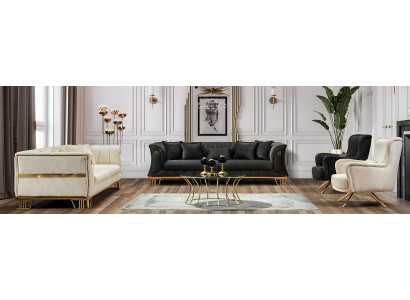Schwarz-Weiße Sofagarnitur Designer Polstercouch Textilsessel 3tlg