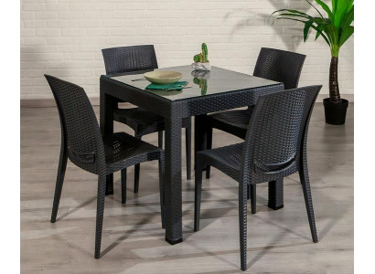 Schwarzes Gartenmöbel Set Designer Rattan Stühle Edler Glastisch