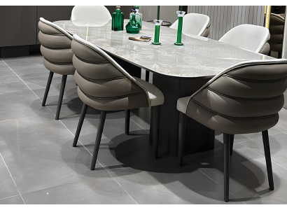 Moderner Tisch und sechs Stühle mit zweifarbiger Design-Polsterung