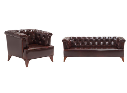 Exklusive Chesterfield Garnitur Stilvoller 3-Sitzer 2x Ledersessel