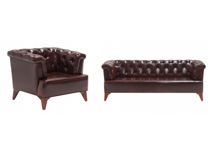 Braune Chesterfield Sofagarnitur Moderne Sessel Designer 2-Sitzer