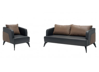 Schwarz-Braune Sofagarnitur Stilvoller Dreisitzer 2x Ledersessel