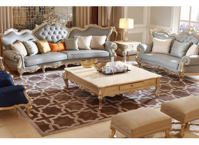 Klassische Blau-Beige Wohnzimmer Sitzgarnitur Chesterfield Sofas