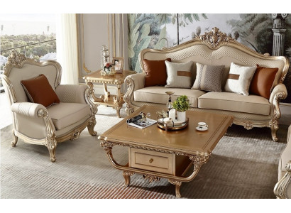 Luxuriöse Klassische Wohnzimmer Sitzgarnitur 3-Sitzer Holztisch