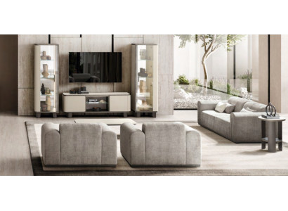 Designer Couchgarnitur Moderner 3-Sitzer Holz TV-Ständer 2x Vitrinen