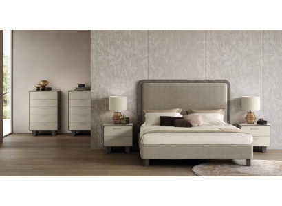 Grau-Beige Loft Schlafzimmer Garnitur Textilbett 2x Holzkommoden