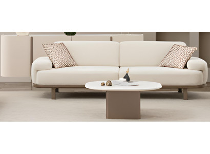 Modernes Wohnzimmer-Set – Weißes 3-Sitzer Sofa, Holz-Sideboard und Couchtisch