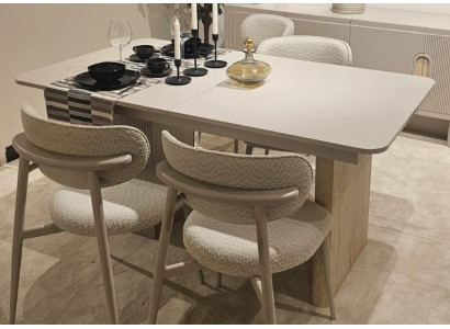 Exklusives Beiges Esszimmer-Set Designer Holztisch 4x Textilstühle