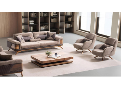 Beige Wohnzimmer Sofagarnitur Textil 3-Sitzer Designer Polstersessel