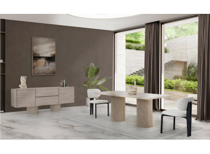 Beiges Modernes Esszimmer-Set – Esstisch, Weiche Stühle und Holzsideboard