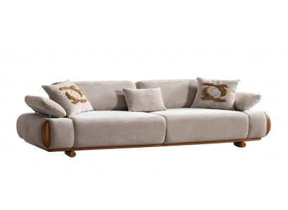 Stilvolles 3-Sitzer Sofa in zartem Beige mit eleganten Holzdetails
