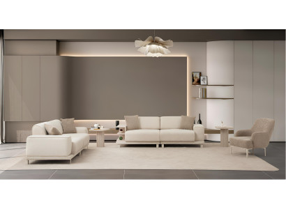 Beigefarbenes Wohnzimmer-Set Stoff 3-Sitzer-Sofa Beistelltische Polstersessel