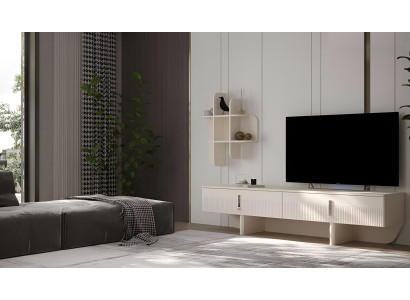 Eleganter beigefarbener TV-Ständer mit modernen Griffen und minimalistischem