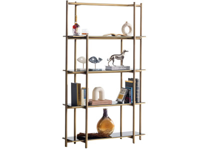 Elegantes Bücherregal mit goldfarbenem Metallrahmen und Glasböden