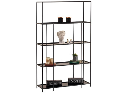 Modernes Bücherregal mit schwarzem Metallrahmen und Glasböden