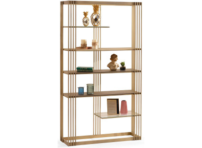 Elegantes Bücherregal mit goldfarbenem Metallrahmen und Glasboden
