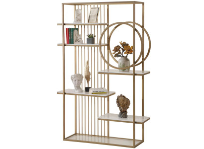 Elegantes Bücherregal mit goldfarbenem Metallrahmen und Marmorregalen
