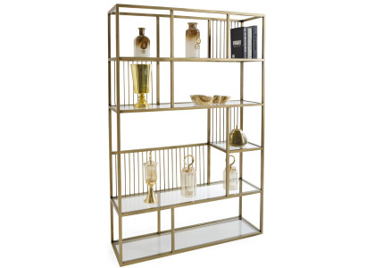Modernes Bücherregal mit goldfarbenem Metallrahmen und Glasböden