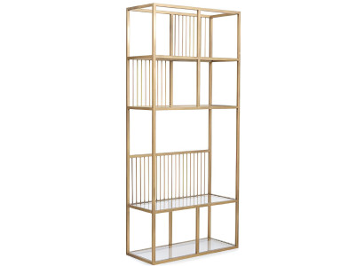 Modernes Bücherregal mit goldfarbenem Metallrahmen und Glasböden
