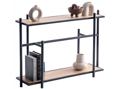 Moderner Konsolentisch mit Metallrahmen und Holzregalen in Schwarz