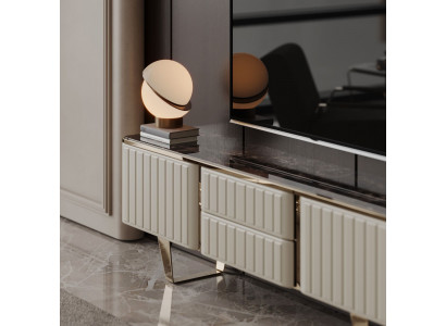 Moderner TV-Unit mit strukturierter Tischplatte und Metallbeinen