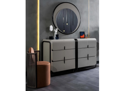 Schlafzimmer Designer Kommode Edler Rundspiegel Holz Möbel 2tlg