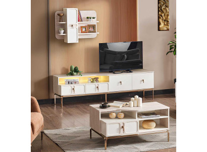 Modernes Set: TV-Lowboard, TV-Regal und Couchtisch mit goldenen Akzenten