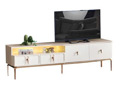 Eleganter TV-Lowboard mit Beleuchtung und goldenen Akzenten