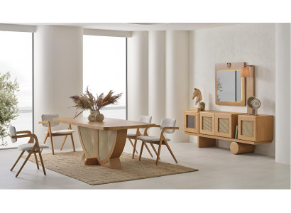 Modernes Esszimmer-Set mit stilvollem Tisch und Stühlen Sideboard mit Spiegel