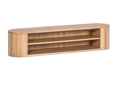 Elegantes Wandregal mit vertikalen Holzstreifen und offenen Fächern