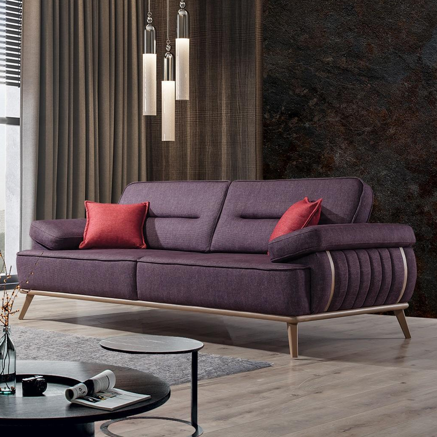 Canapé de luxe beige trois places en acier inoxydable design mobilier de salon